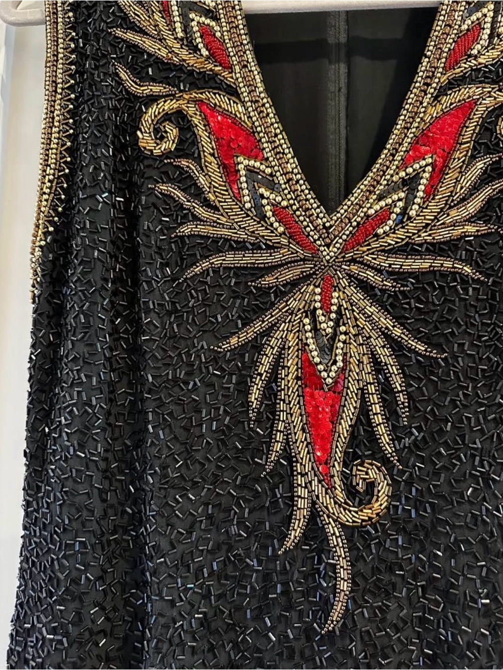 Bob Mackie Black Dress with Gold Beaded Trim and Red Accents